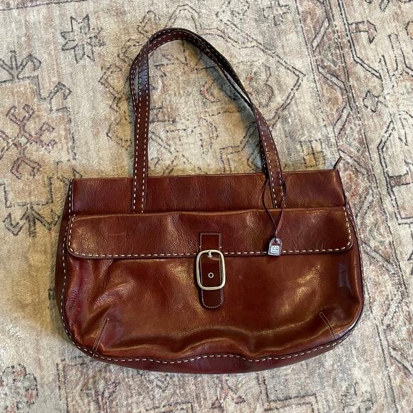 VTG El Portal Y2K Brown Leather Contrast Stitching Big Buckle Shoulder Bag EUC - Picture 7 of 13